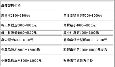 鼻部整形价格表